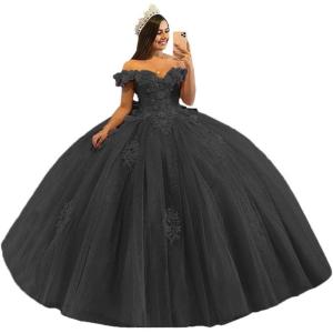 imageYoujiayi 3D Floral Quinceanera Dresses with Bow Off Shoulder Beaded Sweet 16 Dresses Puffy Lace Appliques Long Ball GownBlack