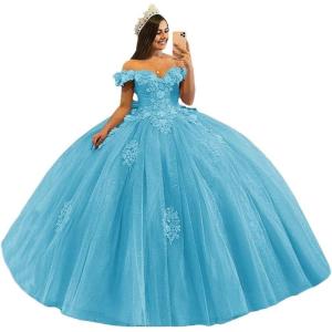imageYoujiayi 3D Floral Quinceanera Dresses with Bow Off Shoulder Beaded Sweet 16 Dresses Puffy Lace Appliques Long Ball GownBlue
