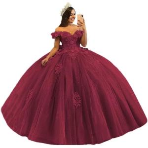 imageYoujiayi 3D Floral Quinceanera Dresses with Bow Off Shoulder Beaded Sweet 16 Dresses Puffy Lace Appliques Long Ball GownBurgundy