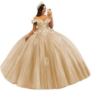 imageYoujiayi 3D Floral Quinceanera Dresses with Bow Off Shoulder Beaded Sweet 16 Dresses Puffy Lace Appliques Long Ball GownChampagne