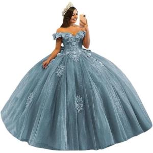 imageYoujiayi 3D Floral Quinceanera Dresses with Bow Off Shoulder Beaded Sweet 16 Dresses Puffy Lace Appliques Long Ball GownDusty Blue