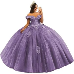 imageYoujiayi 3D Floral Quinceanera Dresses with Bow Off Shoulder Beaded Sweet 16 Dresses Puffy Lace Appliques Long Ball GownDusty Purple