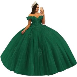 imageYoujiayi 3D Floral Quinceanera Dresses with Bow Off Shoulder Beaded Sweet 16 Dresses Puffy Lace Appliques Long Ball GownEmerald Green