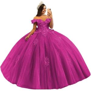 imageYoujiayi 3D Floral Quinceanera Dresses with Bow Off Shoulder Beaded Sweet 16 Dresses Puffy Lace Appliques Long Ball GownFuchsia