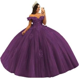 imageYoujiayi 3D Floral Quinceanera Dresses with Bow Off Shoulder Beaded Sweet 16 Dresses Puffy Lace Appliques Long Ball GownGrape
