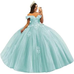 imageYoujiayi 3D Floral Quinceanera Dresses with Bow Off Shoulder Beaded Sweet 16 Dresses Puffy Lace Appliques Long Ball GownIce Blue