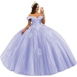 imageYoujiayi 3D Floral Quinceanera Dresses with Bow Off Shoulder Beaded Sweet 16 Dresses Puffy Lace Appliques Long Ball GownLavender
