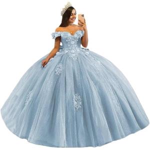 imageYoujiayi 3D Floral Quinceanera Dresses with Bow Off Shoulder Beaded Sweet 16 Dresses Puffy Lace Appliques Long Ball GownLight Blue