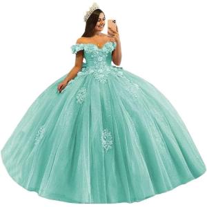 imageYoujiayi 3D Floral Quinceanera Dresses with Bow Off Shoulder Beaded Sweet 16 Dresses Puffy Lace Appliques Long Ball GownLight Mint