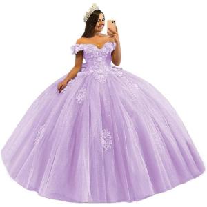 imageYoujiayi 3D Floral Quinceanera Dresses with Bow Off Shoulder Beaded Sweet 16 Dresses Puffy Lace Appliques Long Ball GownLilac
