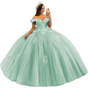 imageYoujiayi 3D Floral Quinceanera Dresses with Bow Off Shoulder Beaded Sweet 16 Dresses Puffy Lace Appliques Long Ball GownMint