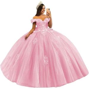 imageYoujiayi 3D Floral Quinceanera Dresses with Bow Off Shoulder Beaded Sweet 16 Dresses Puffy Lace Appliques Long Ball GownPink