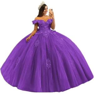 imageYoujiayi 3D Floral Quinceanera Dresses with Bow Off Shoulder Beaded Sweet 16 Dresses Puffy Lace Appliques Long Ball GownPurple