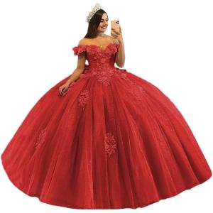 imageYoujiayi 3D Floral Quinceanera Dresses with Bow Off Shoulder Beaded Sweet 16 Dresses Puffy Lace Appliques Long Ball GownRed