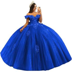 imageYoujiayi 3D Floral Quinceanera Dresses with Bow Off Shoulder Beaded Sweet 16 Dresses Puffy Lace Appliques Long Ball GownRoyal Blue