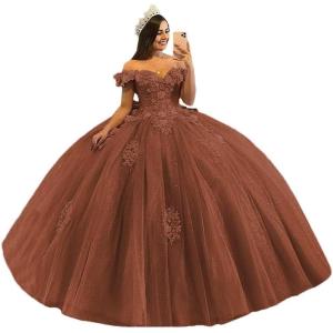 imageYoujiayi 3D Floral Quinceanera Dresses with Bow Off Shoulder Beaded Sweet 16 Dresses Puffy Lace Appliques Long Ball GownRust Red