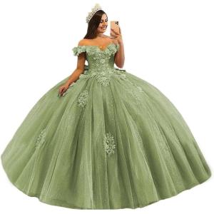 imageYoujiayi 3D Floral Quinceanera Dresses with Bow Off Shoulder Beaded Sweet 16 Dresses Puffy Lace Appliques Long Ball GownSage