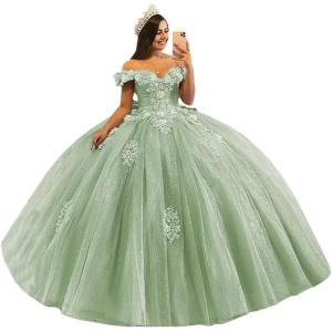 imageYoujiayi 3D Floral Quinceanera Dresses with Bow Off Shoulder Beaded Sweet 16 Dresses Puffy Lace Appliques Long Ball GownSage Green