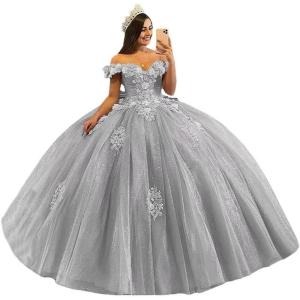 imageYoujiayi 3D Floral Quinceanera Dresses with Bow Off Shoulder Beaded Sweet 16 Dresses Puffy Lace Appliques Long Ball GownSilver