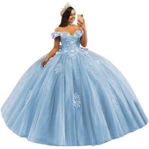 imageYoujiayi 3D Floral Quinceanera Dresses with Bow Off Shoulder Beaded Sweet 16 Dresses Puffy Lace Appliques Long Ball GownSky Blue