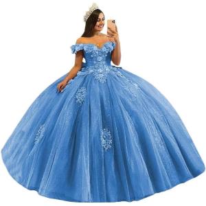 imageYoujiayi 3D Floral Quinceanera Dresses with Bow Off Shoulder Beaded Sweet 16 Dresses Puffy Lace Appliques Long Ball GownSteal Blue