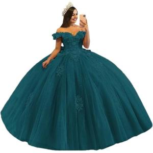 imageYoujiayi 3D Floral Quinceanera Dresses with Bow Off Shoulder Beaded Sweet 16 Dresses Puffy Lace Appliques Long Ball GownTeal