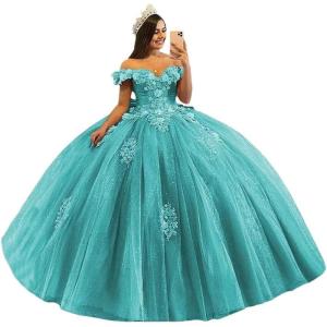 imageYoujiayi 3D Floral Quinceanera Dresses with Bow Off Shoulder Beaded Sweet 16 Dresses Puffy Lace Appliques Long Ball GownTurquoise
