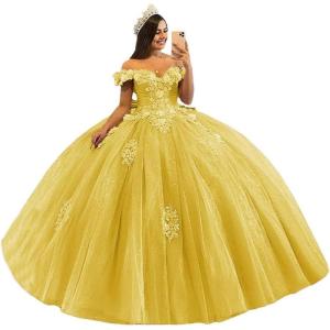 imageYoujiayi 3D Floral Quinceanera Dresses with Bow Off Shoulder Beaded Sweet 16 Dresses Puffy Lace Appliques Long Ball GownYellow Dark