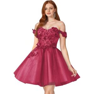 imageYoujiayi 3D Floral Short Homecoming Dresses for Teens Off Shoulder DAMA Dress for Quinceanera Puffy Beaded Short Prom GownBerry
