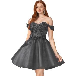 imageYoujiayi 3D Floral Short Homecoming Dresses for Teens Off Shoulder DAMA Dress for Quinceanera Puffy Beaded Short Prom GownBlack
