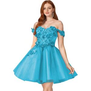 imageYoujiayi 3D Floral Short Homecoming Dresses for Teens Off Shoulder DAMA Dress for Quinceanera Puffy Beaded Short Prom GownBlue