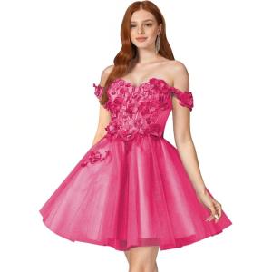 imageYoujiayi 3D Floral Short Homecoming Dresses for Teens Off Shoulder DAMA Dress for Quinceanera Puffy Beaded Short Prom GownBright Pink