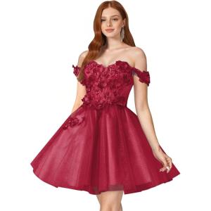 imageYoujiayi 3D Floral Short Homecoming Dresses for Teens Off Shoulder DAMA Dress for Quinceanera Puffy Beaded Short Prom GownBurgundy