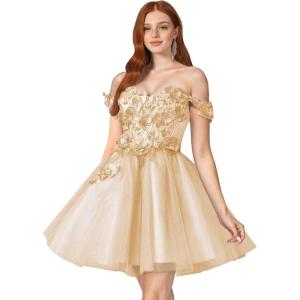 imageYoujiayi 3D Floral Short Homecoming Dresses for Teens Off Shoulder DAMA Dress for Quinceanera Puffy Beaded Short Prom GownChampagne