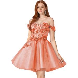 imageYoujiayi 3D Floral Short Homecoming Dresses for Teens Off Shoulder DAMA Dress for Quinceanera Puffy Beaded Short Prom GownCoral