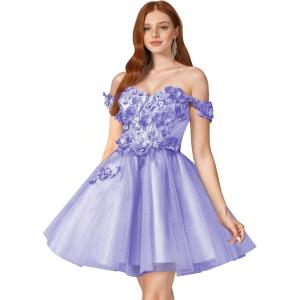 imageYoujiayi 3D Floral Short Homecoming Dresses for Teens Off Shoulder DAMA Dress for Quinceanera Puffy Beaded Short Prom GownDark Lavender