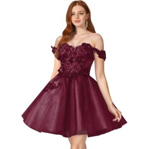 imageYoujiayi 3D Floral Short Homecoming Dresses for Teens Off Shoulder DAMA Dress for Quinceanera Puffy Beaded Short Prom GownDeep Burgundy