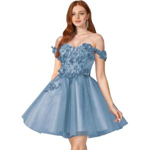imageYoujiayi 3D Floral Short Homecoming Dresses for Teens Off Shoulder DAMA Dress for Quinceanera Puffy Beaded Short Prom GownDusty Blue