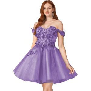 imageYoujiayi 3D Floral Short Homecoming Dresses for Teens Off Shoulder DAMA Dress for Quinceanera Puffy Beaded Short Prom GownDusty Purple