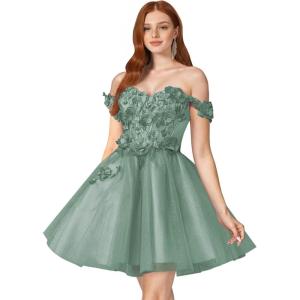 imageYoujiayi 3D Floral Short Homecoming Dresses for Teens Off Shoulder DAMA Dress for Quinceanera Puffy Beaded Short Prom GownDusty Sage