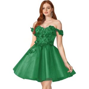 imageYoujiayi 3D Floral Short Homecoming Dresses for Teens Off Shoulder DAMA Dress for Quinceanera Puffy Beaded Short Prom GownEmerald Green