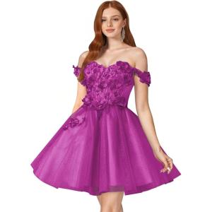 imageYoujiayi 3D Floral Short Homecoming Dresses for Teens Off Shoulder DAMA Dress for Quinceanera Puffy Beaded Short Prom GownFuchsia