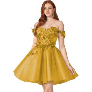 imageYoujiayi 3D Floral Short Homecoming Dresses for Teens Off Shoulder DAMA Dress for Quinceanera Puffy Beaded Short Prom GownGold