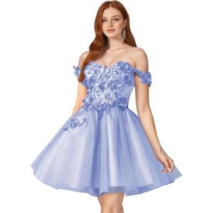 imageYoujiayi 3D Floral Short Homecoming Dresses for Teens Off Shoulder DAMA Dress for Quinceanera Puffy Beaded Short Prom GownLavender
