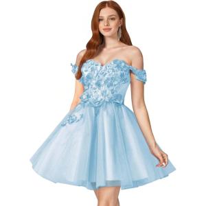 imageYoujiayi 3D Floral Short Homecoming Dresses for Teens Off Shoulder DAMA Dress for Quinceanera Puffy Beaded Short Prom GownLight Blue