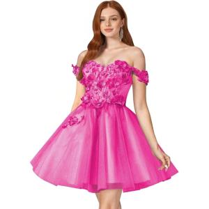 imageYoujiayi 3D Floral Short Homecoming Dresses for Teens Off Shoulder DAMA Dress for Quinceanera Puffy Beaded Short Prom GownMagenta