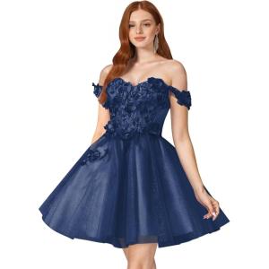 imageYoujiayi 3D Floral Short Homecoming Dresses for Teens Off Shoulder DAMA Dress for Quinceanera Puffy Beaded Short Prom GownNavy
