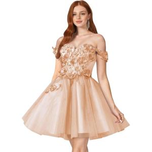 imageYoujiayi 3D Floral Short Homecoming Dresses for Teens Off Shoulder DAMA Dress for Quinceanera Puffy Beaded Short Prom GownPeach