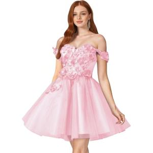 imageYoujiayi 3D Floral Short Homecoming Dresses for Teens Off Shoulder DAMA Dress for Quinceanera Puffy Beaded Short Prom GownPink