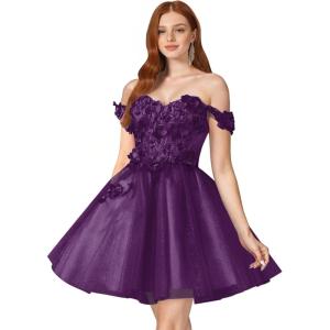 imageYoujiayi 3D Floral Short Homecoming Dresses for Teens Off Shoulder DAMA Dress for Quinceanera Puffy Beaded Short Prom GownPlum